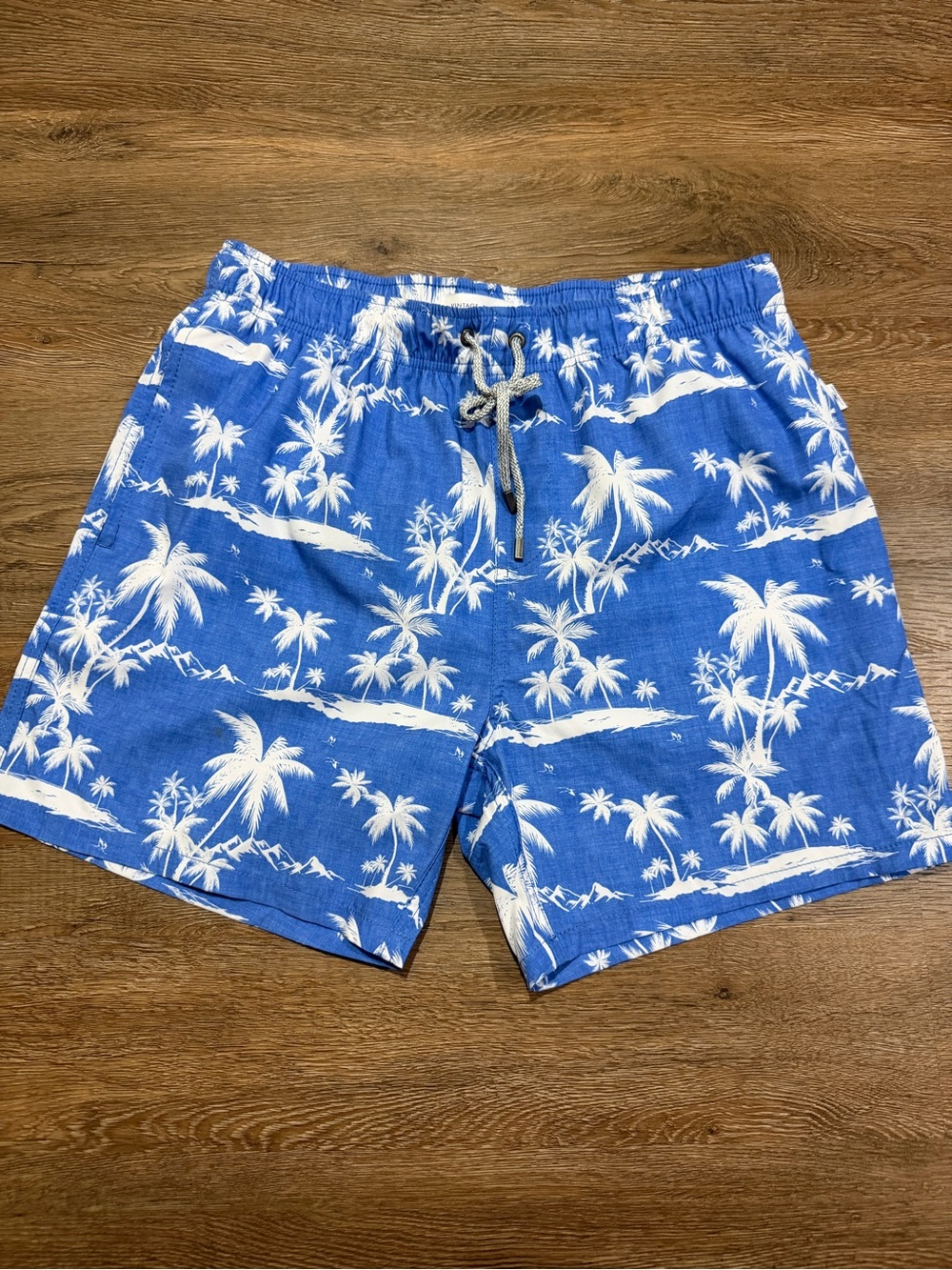 Vintage Summer Blue White Palm Tree Tropical Swim Trunks Men’s Large Mesh Lined